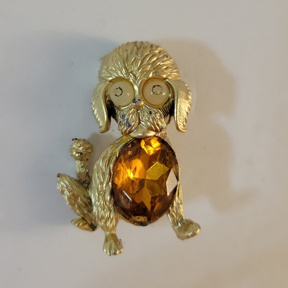 Vintage 50s Jelly Belly Poodle Brooch Goldtone Amber